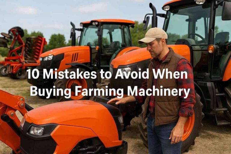 Farmer inspecting farming machinery at dealership