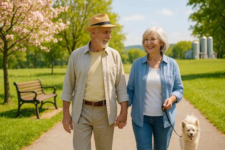 Happy retired couple walking in a park with dog.