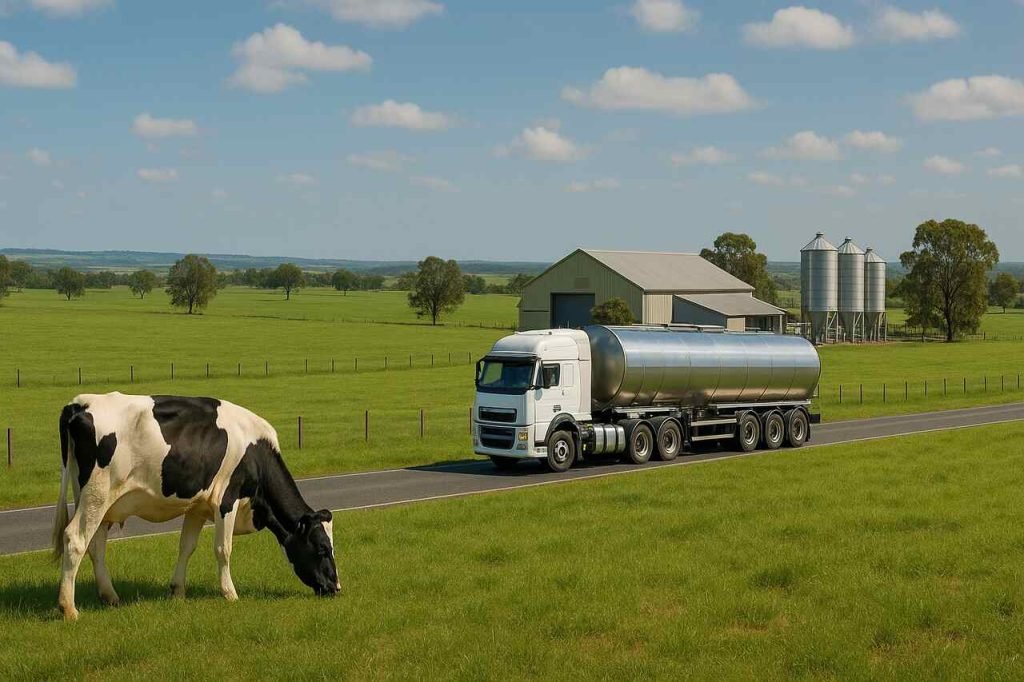 How Do Australian Dairy Products Travel from Farm to Consumer? Milk tanker truck near grazing cow and dairy farm in rural Australia.