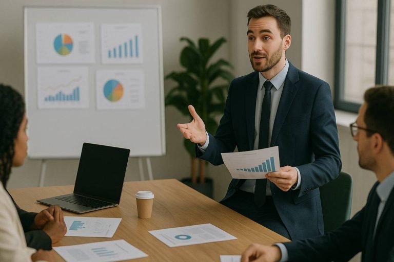 How to Effectively Implement a Human Resource Development System HR manager presenting development strategies to team in office.