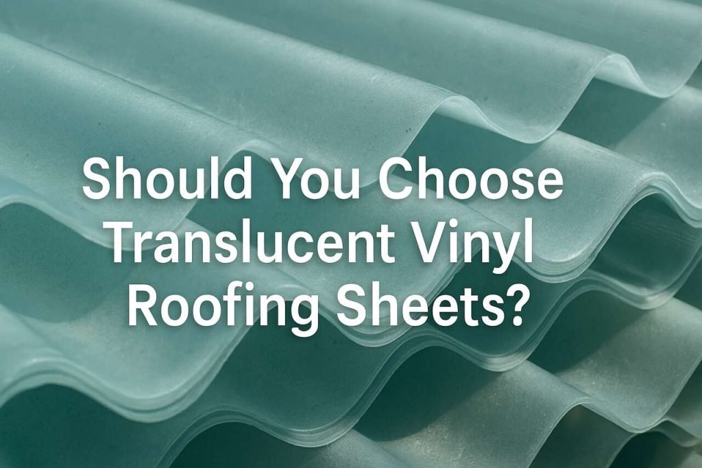 Translucent vinyl roofing sheets stacked in waves under daylight.