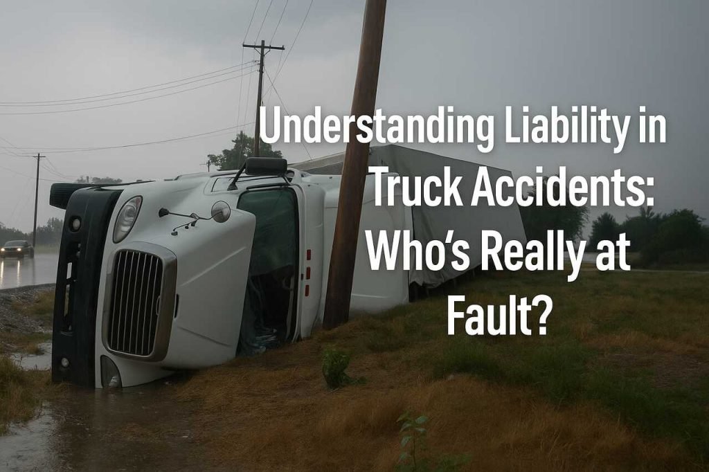 Overturned semi-truck on wet roadside after accident