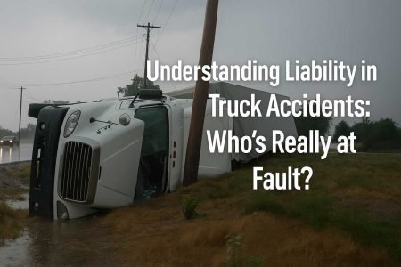 Overturned semi-truck on wet roadside after accident