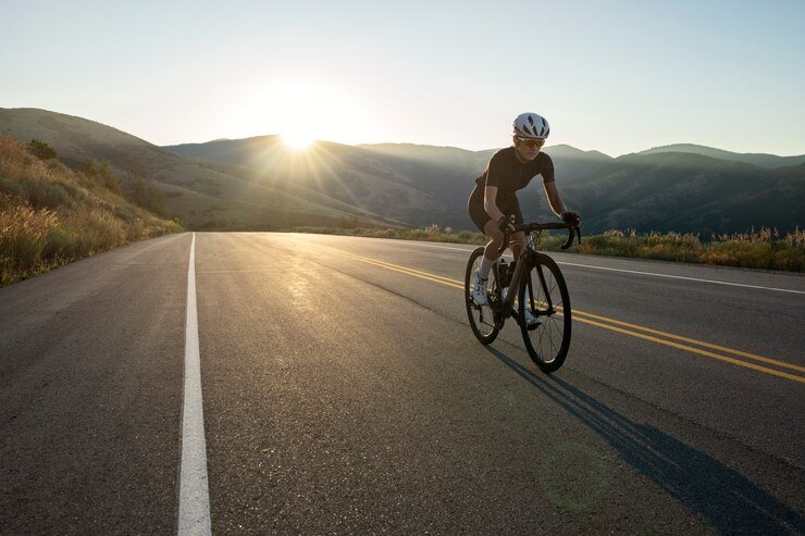 What Are the Rules of the Road a Cyclist Must Follow? Cyclist riding on open road at sunrise wearing safety gear