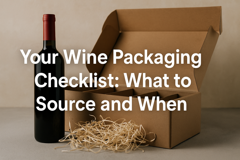 Your Wine Packaging Checklist: What to Source and When Wine bottle beside open packaging box with filler material.