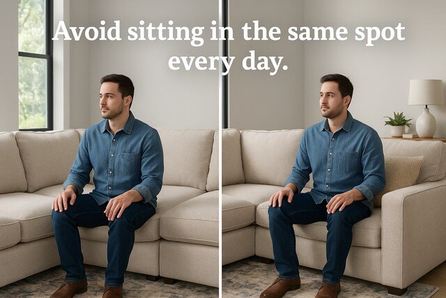 Man sitting on different spots of a sofa on two separate days.