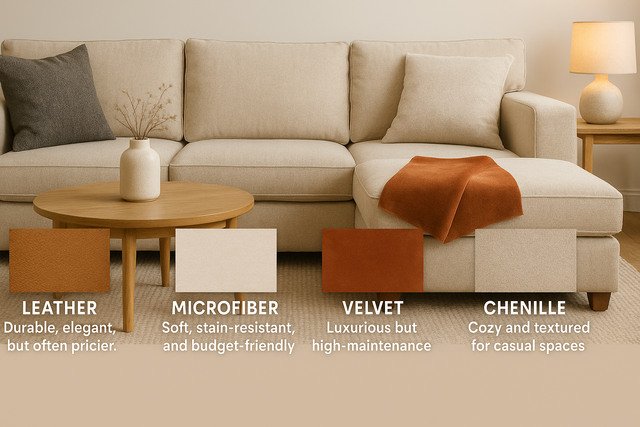 Sectional sofa with labeled fabric swatches: leather, microfiber, velvet, chenille.