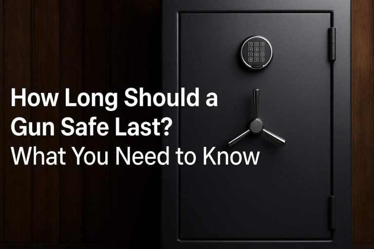 Black gun safe with keypad and title text about its lifespan.