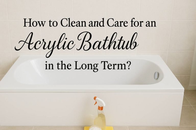 How to Clean and Care for an Acrylic Bathtub in the Long Term? Pristine acrylic bathtub with centered title text and cleaning items.