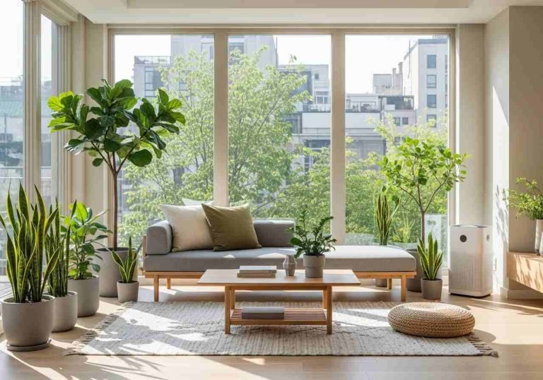 How to Improve Indoor Air Quality for a Healthier Home Modern living room with indoor plants improving air quality