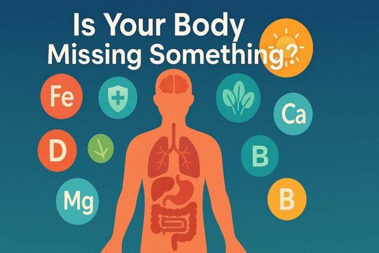 Human body with vitamin and mineral deficiency symbols