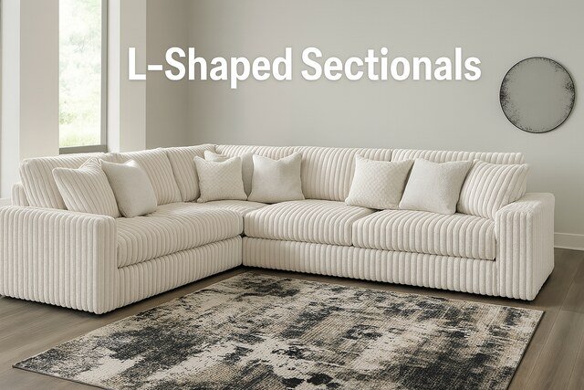Cream corduroy L-shaped sectional in a modern living room.