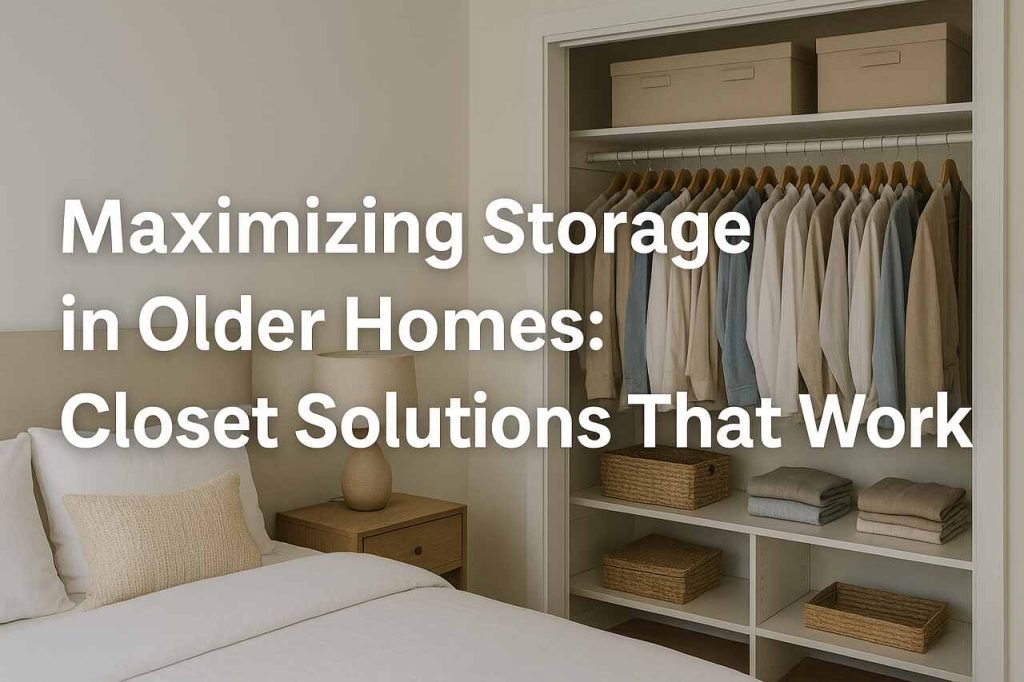 Organized closet in a cozy bedroom with storage baskets and hanging clothes.