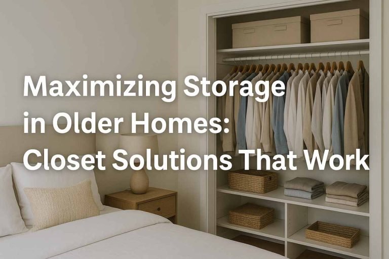 Organized closet in a cozy bedroom with storage baskets and hanging clothes.