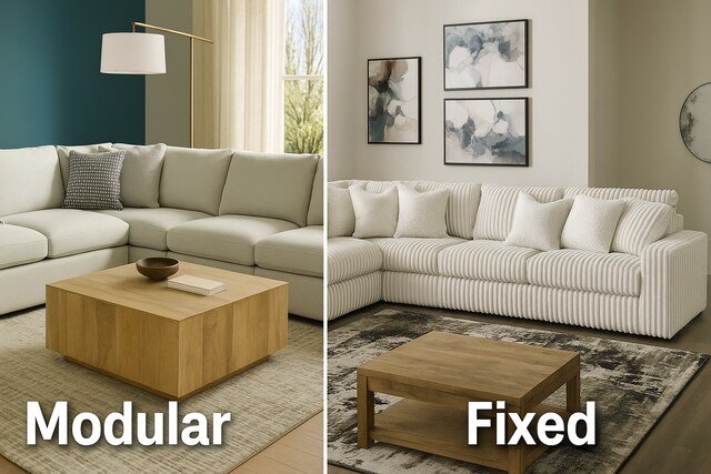 Comparison of modular and fixed sectional sofas in two living rooms.