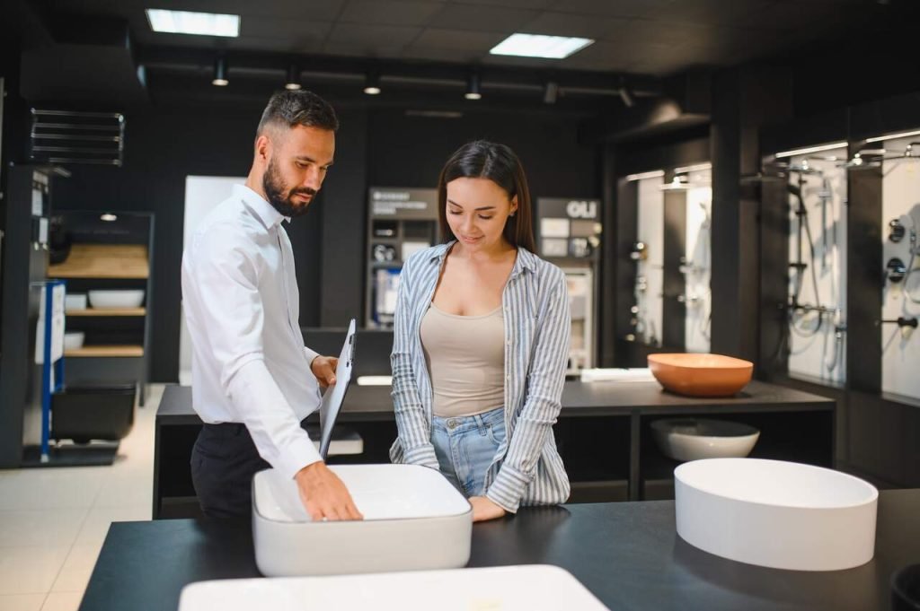 A sales representative explains the features of a white ceramic sink to a female customer inside a modern bathroom fixture showroom, featuring various stylish sinks and showerheads on display.