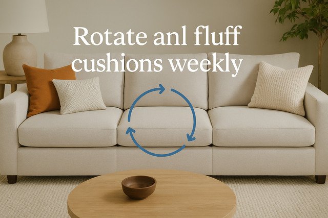 Sofa with circular arrows and weekly cushion care tip.