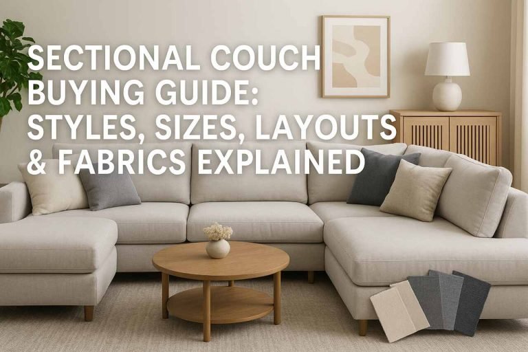 Sectional Couch Buying Guide: Styles, Sizes, Layouts & Fabrics Explained Gray sectional sofa with fabric swatches and modern decor.
