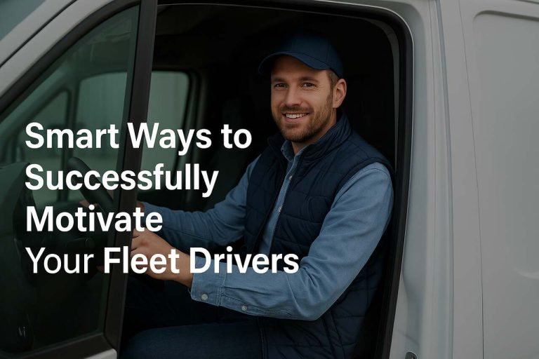 Fleet driver smiling in truck with motivational headline.