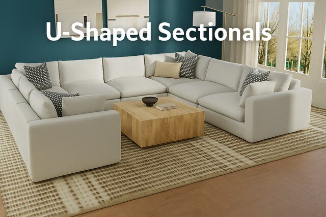 White U-shaped sectional sofa with wood table and teal wall.