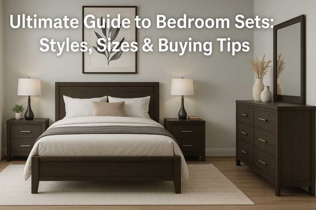 Ultimate Guide to Bedroom Sets: Styles, Sizes & Buying Tips Modern bedroom with dark wood furniture set and neutral decor.