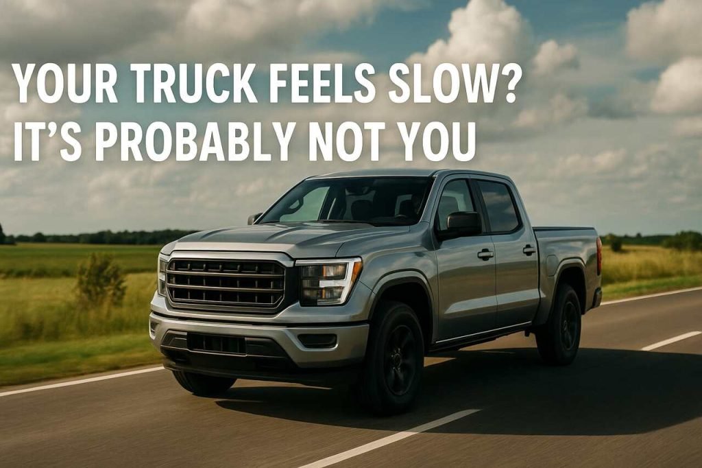 Silver pickup truck driving on a rural road under a cloudy sky.