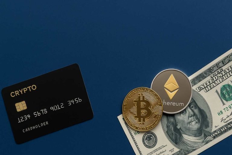 Best Crypto Debit Card Options for Seamless Crypto-to-Fiat Conversions in 2025 Crypto debit card beside Bitcoin, Ethereum coins, and a $100 bill on a blue background.