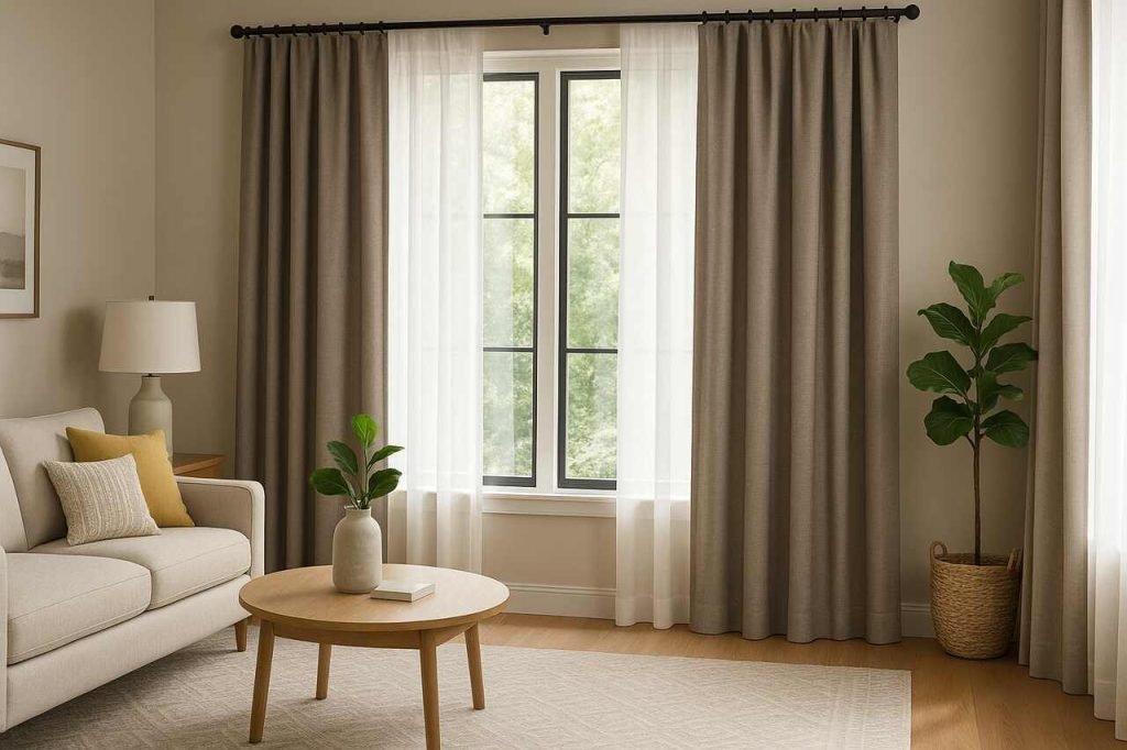 Modern living room with layered curtains for light control and comfort