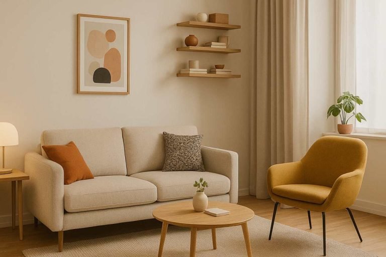 Small living room with stylish couch and compact chair for space-saving comfort