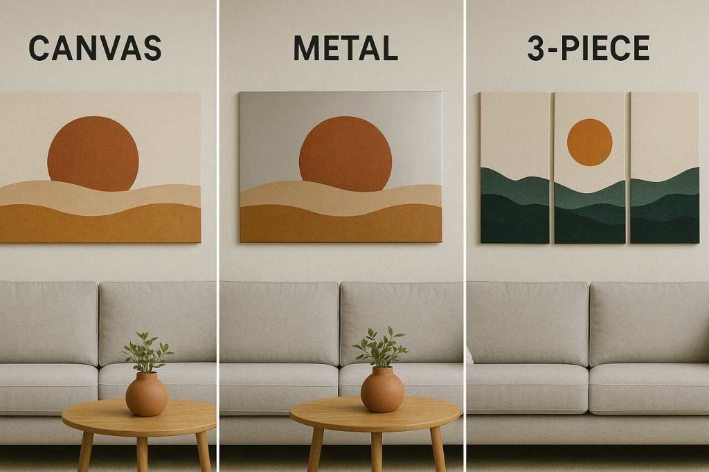 Canvas vs metal vs 3-piece wall art comparison above a sofa.
