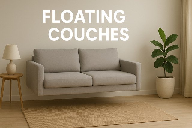 Modern floating couch in a minimalist living room.