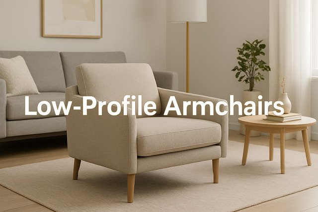 Modern low-profile armchair in a stylish living room.
