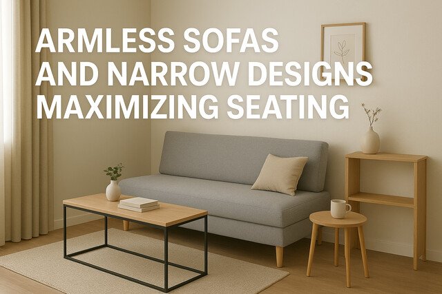 Armless sofa and narrow design maximizing seating in a small living room