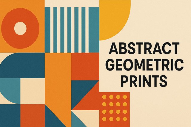 Abstract geometric print with bold shapes and colorful patterns.