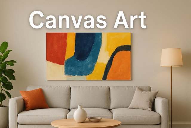 Abstract canvas art wall decor in a modern living room.