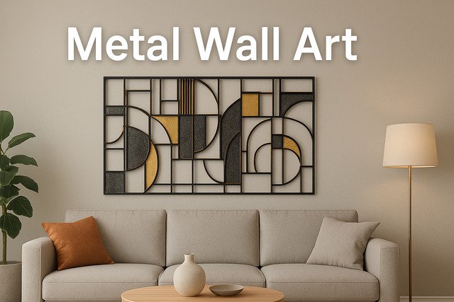 Modern geometric metal wall art above a sofa.