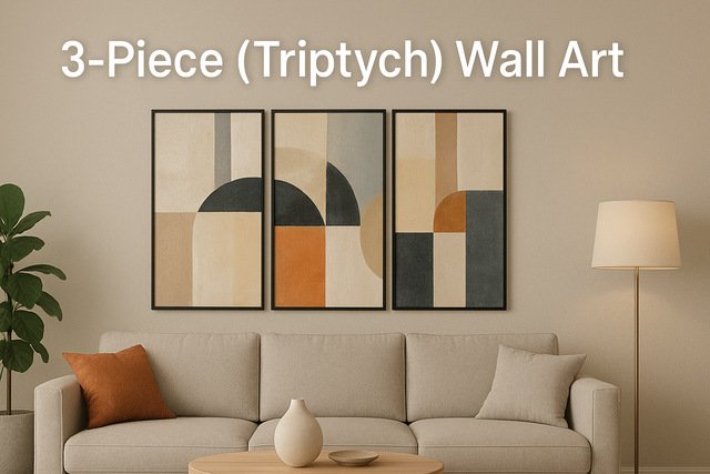 Abstract 3-piece triptych wall art above a modern sofa.