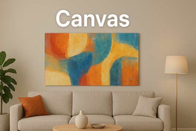 Colorful abstract canvas painting above a sofa.