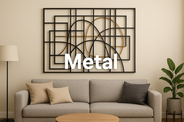 Modern metal wall art sculpture above a sofa.
