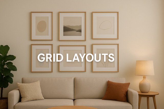 Grid layout wall decor with framed art above sofa