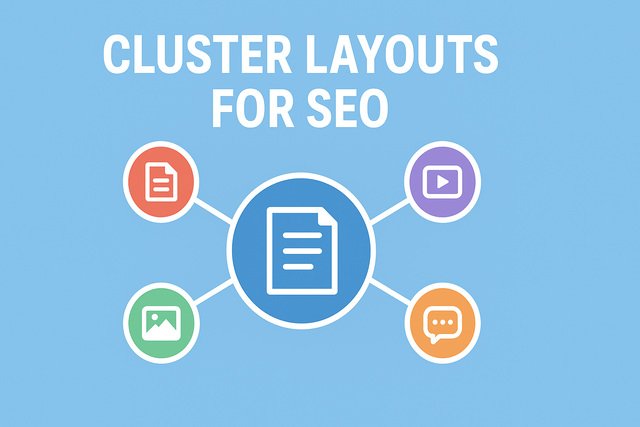 Visual representation of SEO cluster layouts with a central hub and connected topic nodes.