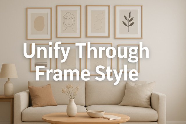 Unified frame style on a gallery wall in modern living room interior.