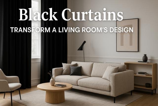 Black curtains adding contrast and style to a modern living room.