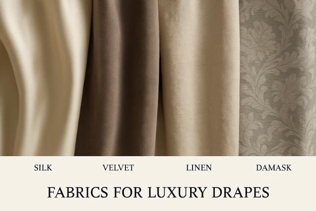 Luxury drapery fabrics: silk, velvet, linen, and damask.