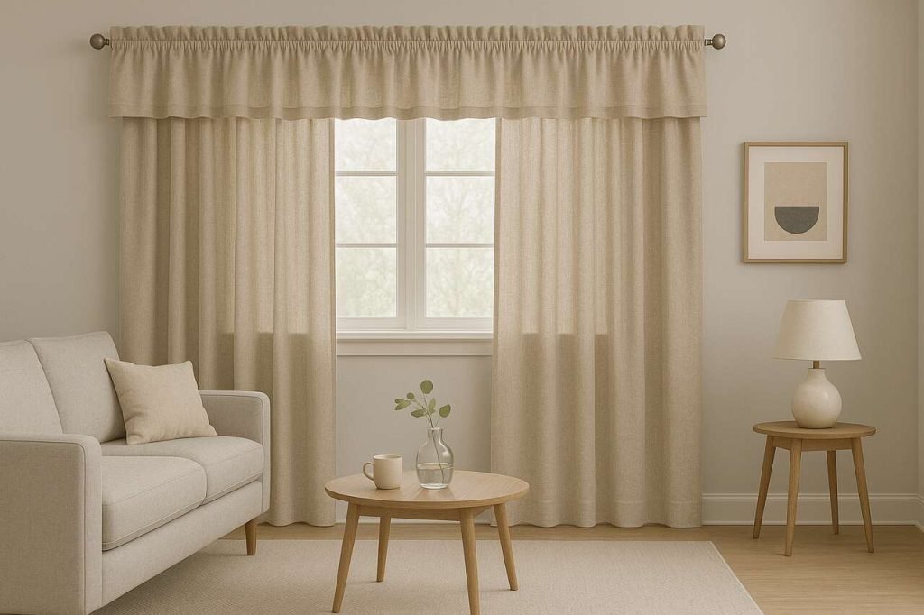 : Living room with beige linen curtains and valance in soft natural light.