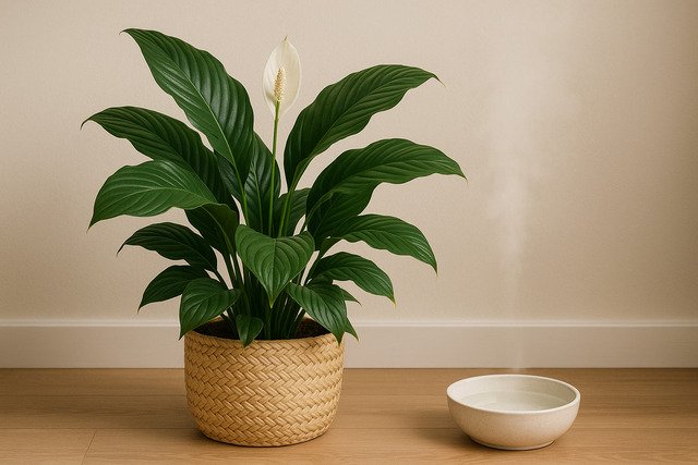 Peace Lily and water bowl increasing room humidity naturally.