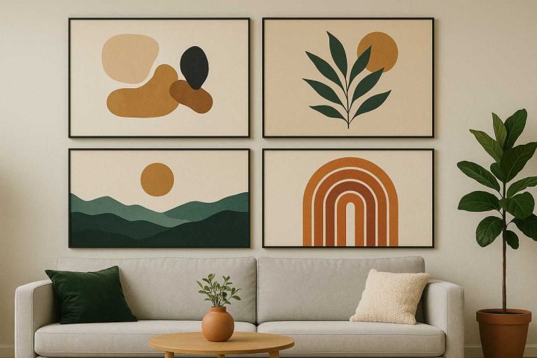 living room with bold, fresh wall art in earthy tones.