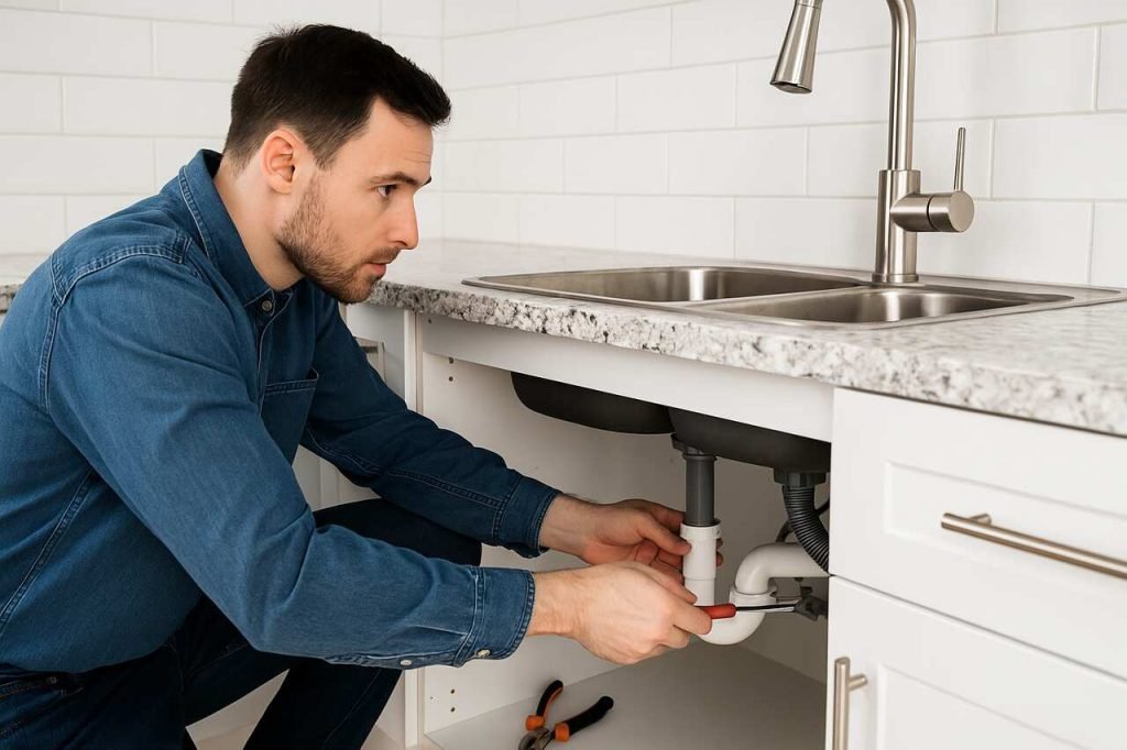 Homeowner inspecting plumbing pipes under sink to prevent leaks