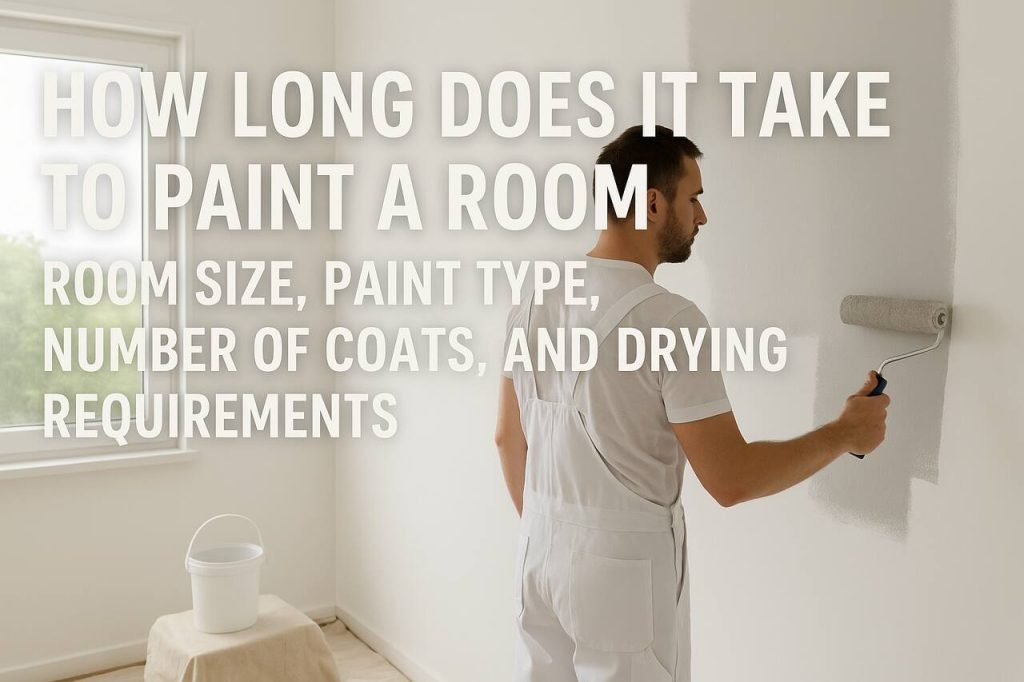 How Long Does It Take to Paint a Room: Room Size, Paint Type, Number of Coats, and Drying Requirements Painter applying light gray paint to a wall with a roller in a well-lit room.