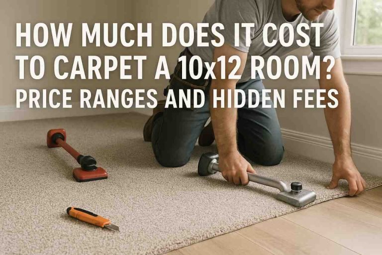 Professional installing carpet in a 10x12 room with tools nearby.